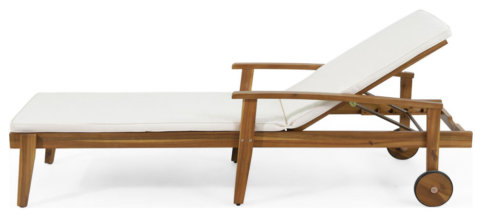 CKH Lucknow Outdoor Acacia Wood Chaise Lounge With Water Resistant Cushion, Cream