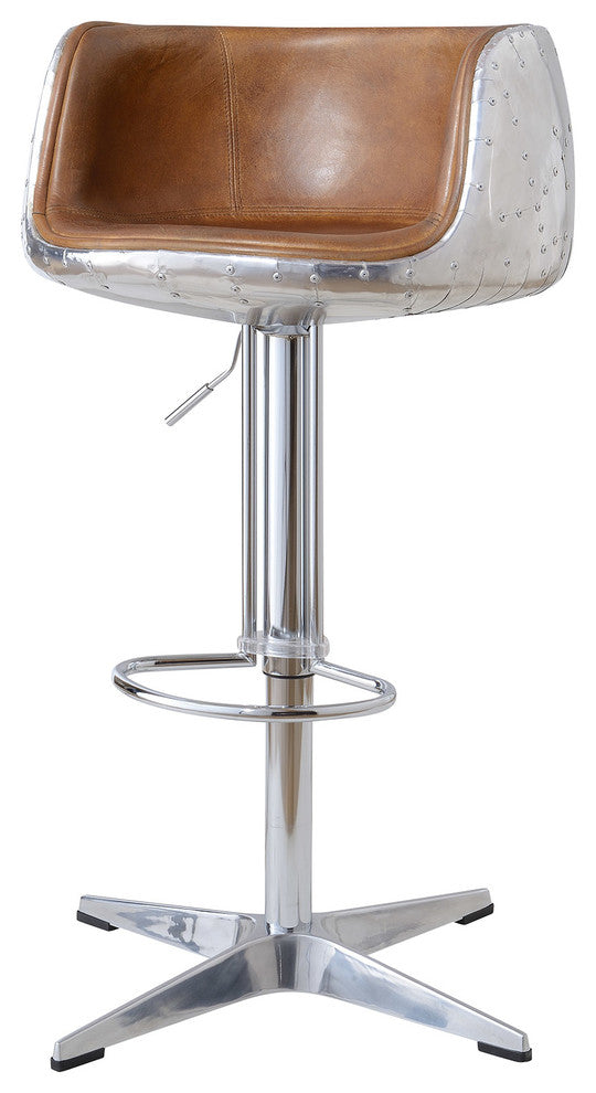 Aviator Adjustable Height Bar Stool, Leather and Metal