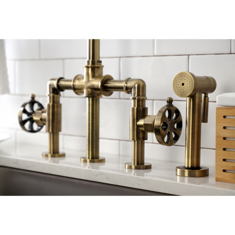 KS2333RX Belknap Bridge Kitchen Faucet With Brass Sprayer, Antique Brass
