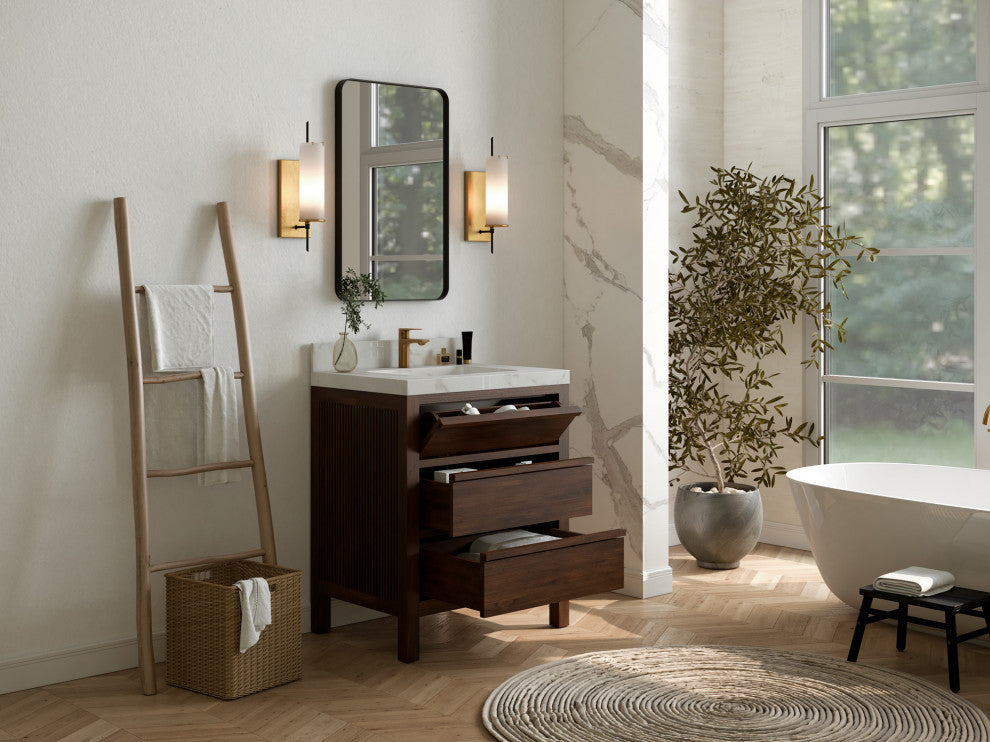 Elizabeth 30 Single Sink Bath Vanity in Dark Walnut Teak 2" Calacatta Nuvo