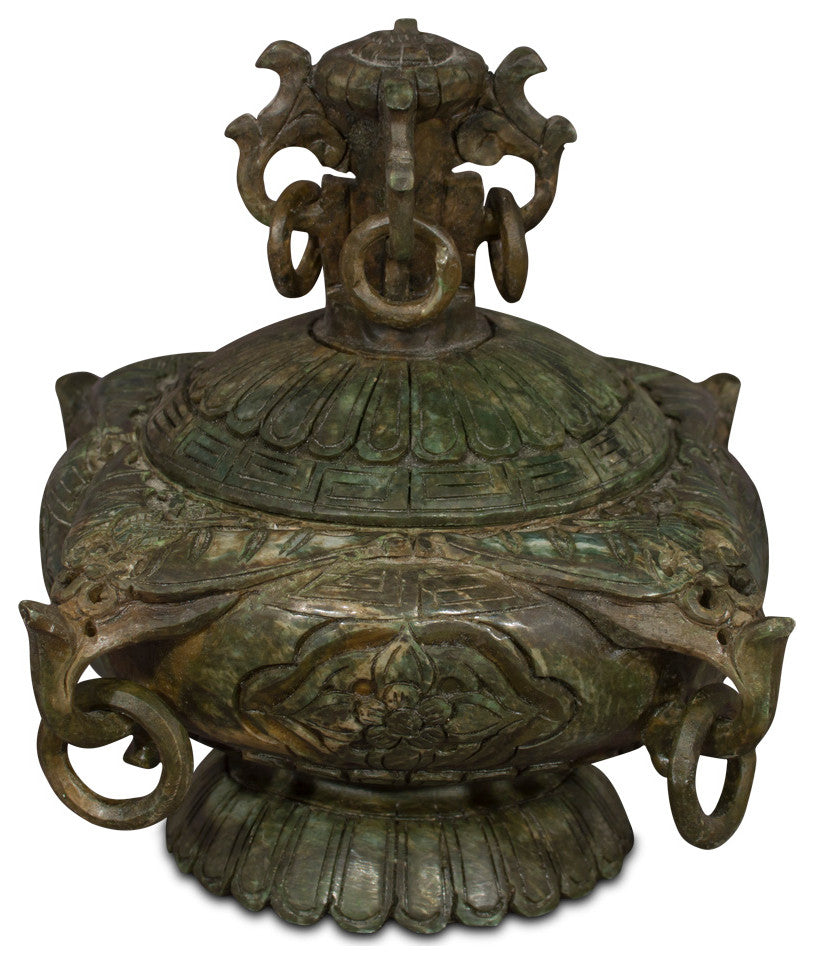 Hand Carved Chinese Jade Vessel with Floral Design and Removable Lid