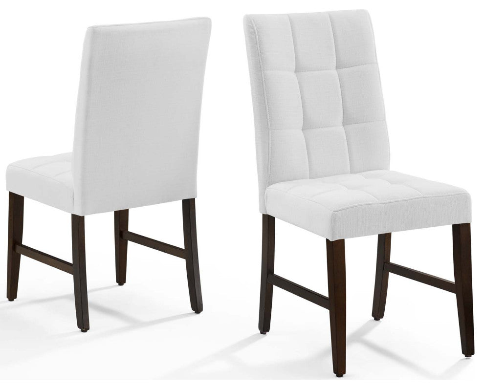 Tufted Side Dining Chair, Set of 2, Fabric, Wood, White, Cafe Bistro Restaurant