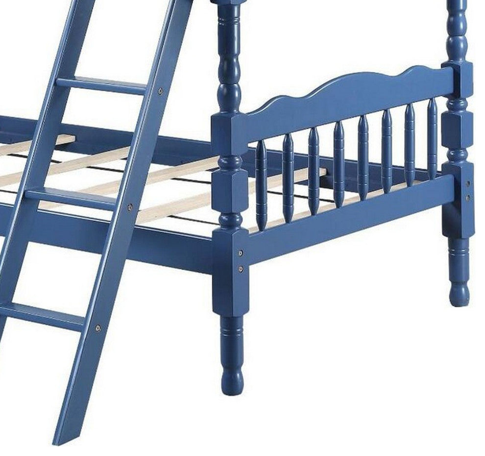 Benzara BM284021 Classic Twin Bunk Bed With Ladder Guard Rail, Carved Legs, Blue