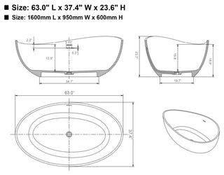 Vanity Art 63"x37" White Stone Freestanding Soaking Bathtub