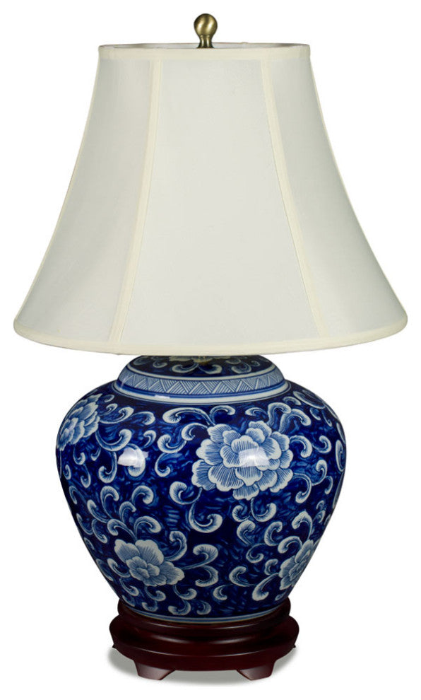 Blue and White Peony Motif Asian Porcelain Lamp