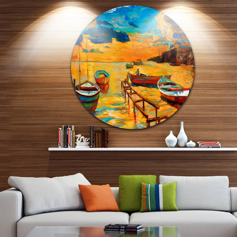 Boats In Beautiful Sea, Seascape Painting Round Wall Art, 23"