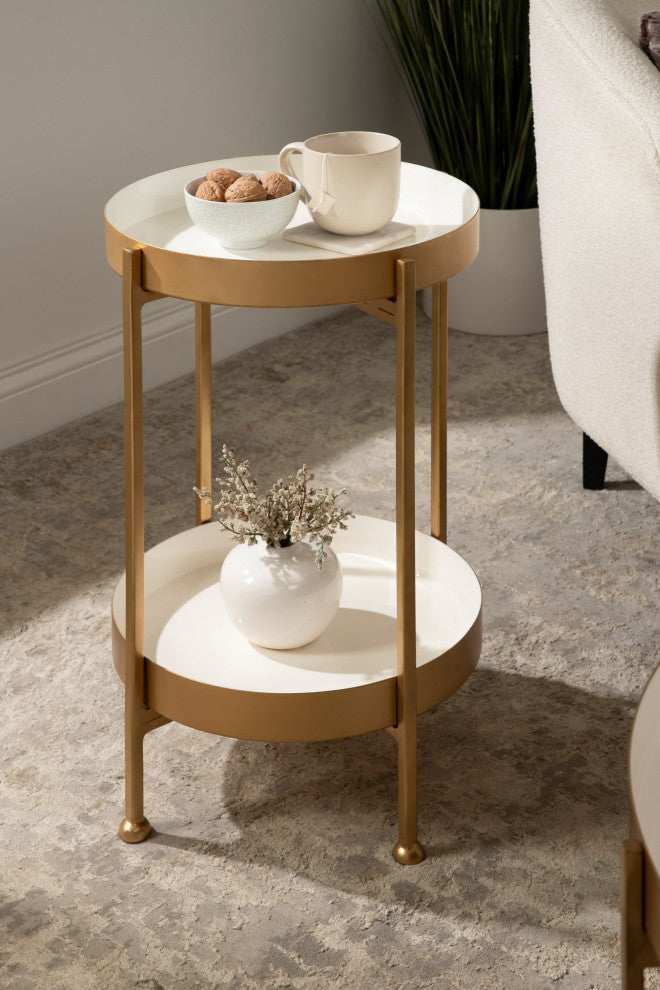 Nira Two-Tiered Metal Side Table, White/Gold 15x15x24