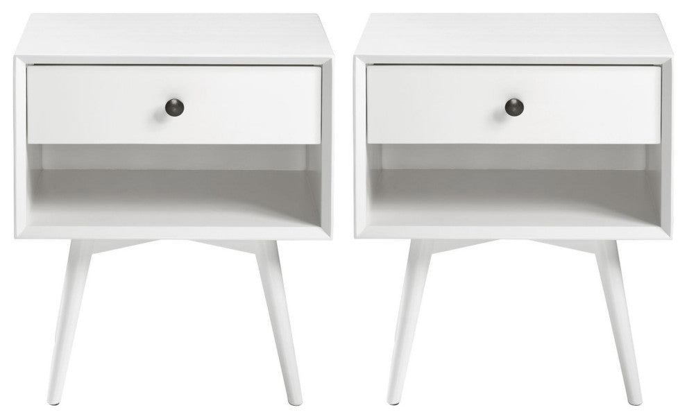2 Piece 1-Drawer Mid-Century Solid Wood Nightstand - White