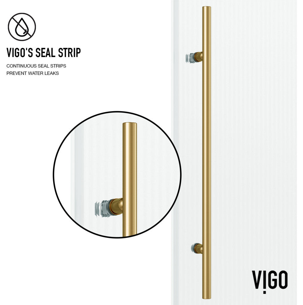 VIGO Elan E-Class 56" to 60" W x 76" H Frameless Sliding Shower Door, Matte Brushed Gold, Fluted Glass, Right