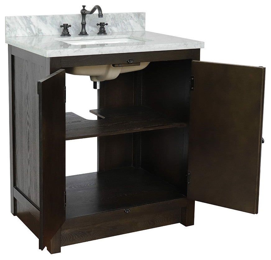30" Single Vanity, Brown Ash, White Carrara Top, Rectangle Sink