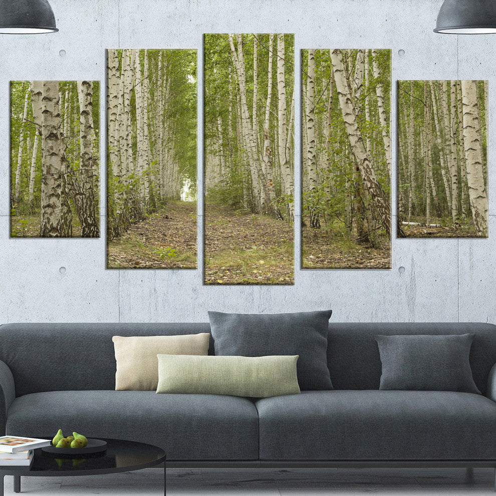 Dense Birch Grove in Summer Day, Forest Canvas Art Print, 60"x32", 5 Panels