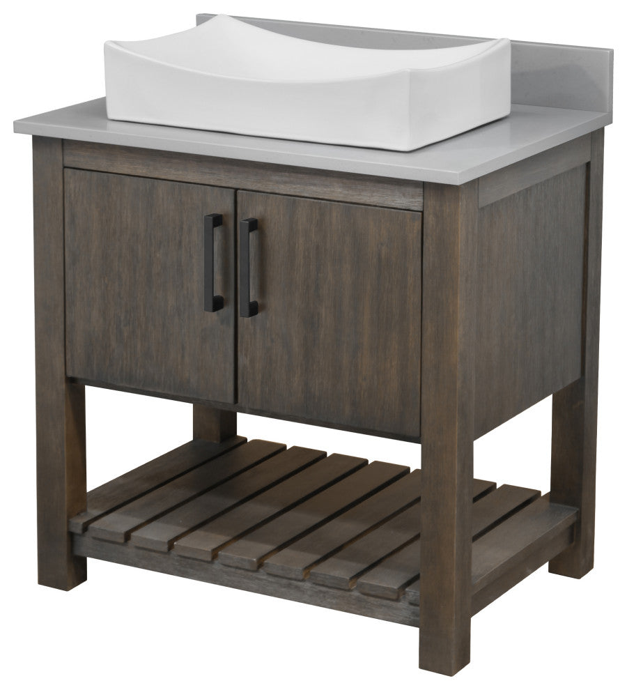 30" Vanity, Smoke Grey Quartz Top, Backsplash, Sink, Drain, and P-Trap, Matte Black, Mirror Included