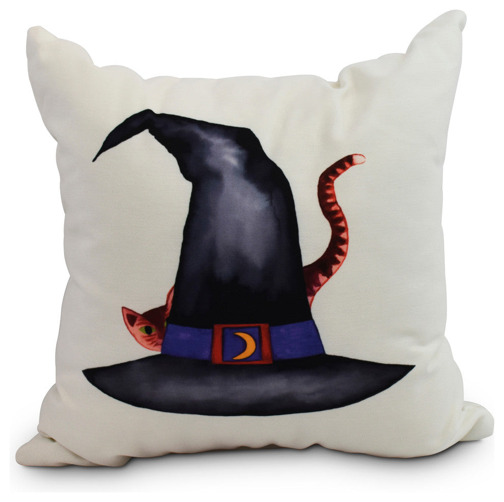 Cat Behind the Hat 18" Cream Halloween Print Decorative Throw Pillow