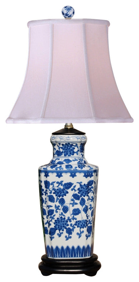 Blue and White Floral Motif Porcelain Table Lamp, 27"