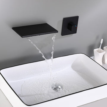 Waterfall Wall Mount Bathroom Sink Faucet Single Knob Solid Brass Matte Black