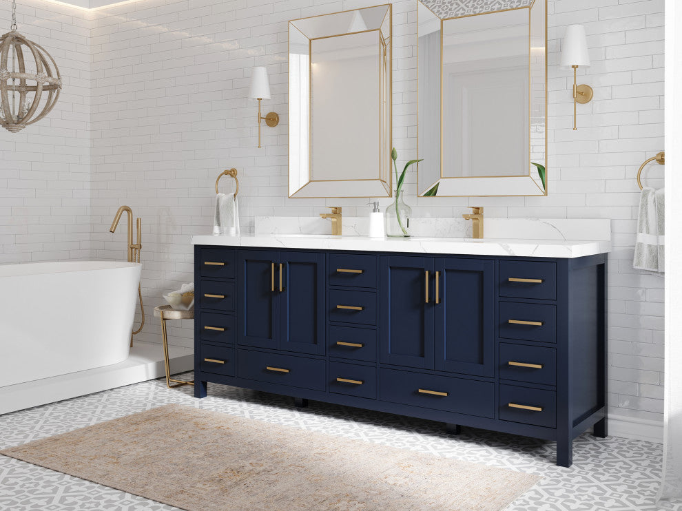 Willow Collections Malibu Vanity, Navy Blue, Calacatta Quartz, 84"