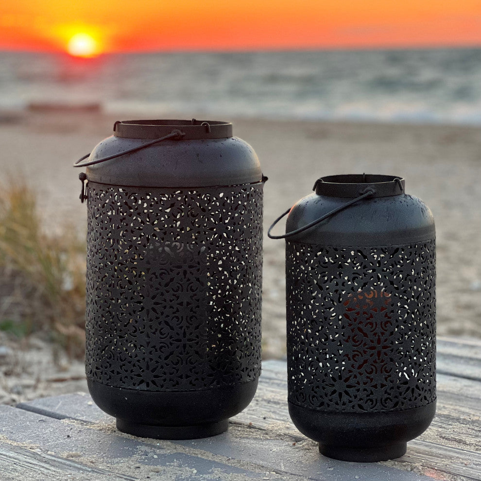 Black Lattice Temple Candle Lantern Set