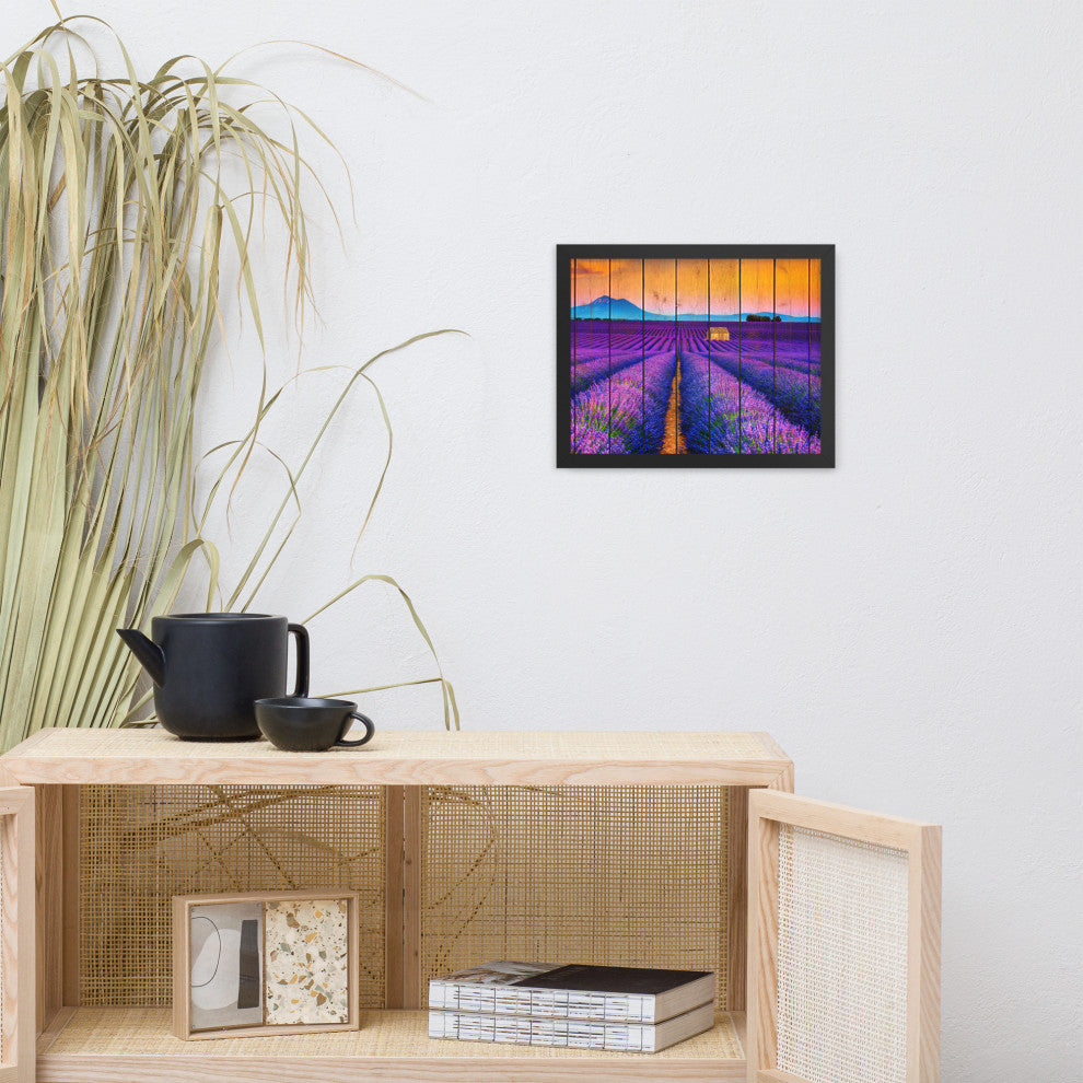 Faux Wood Lavender Fields and Sunset Landscape Framed Photo Paper Wall Art Print, Black, 11" X 14"