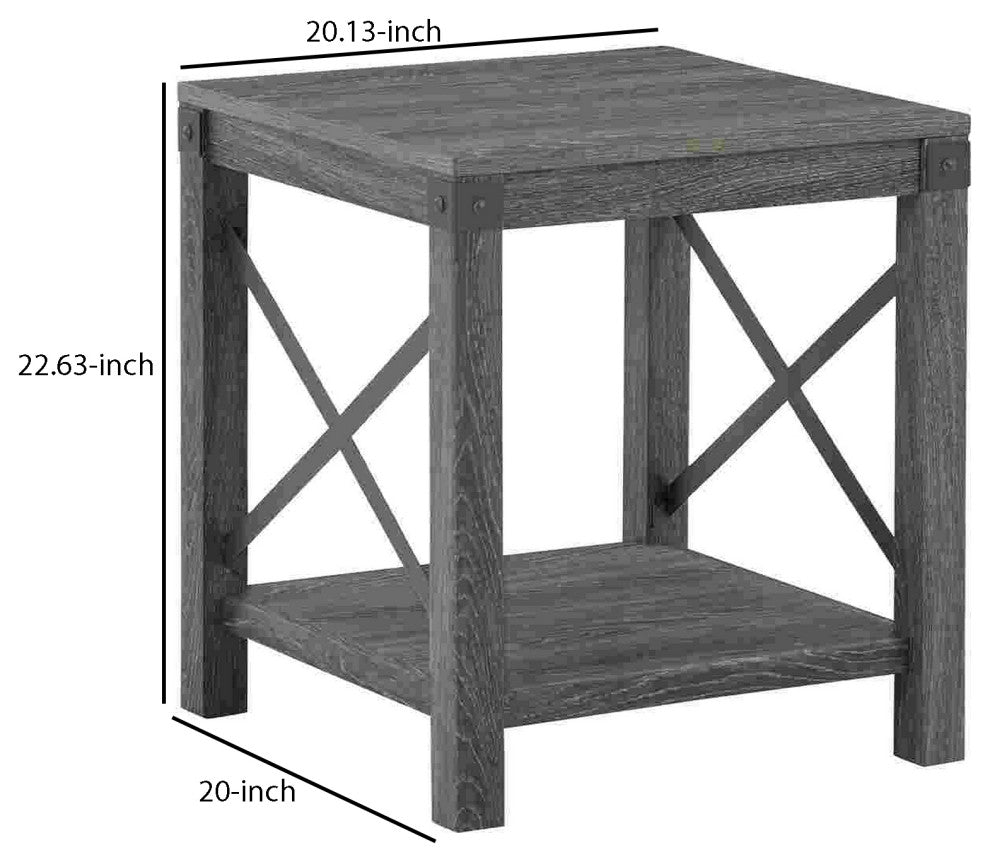 Benzara BM262431 End Table With X Metal Accent and Grain Details, Gray