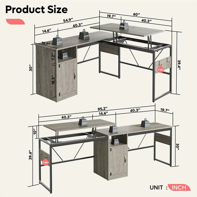 Corner Desk, Metal Frame With Spacious Cabinet & Lift Up Section Top, Wash Gray