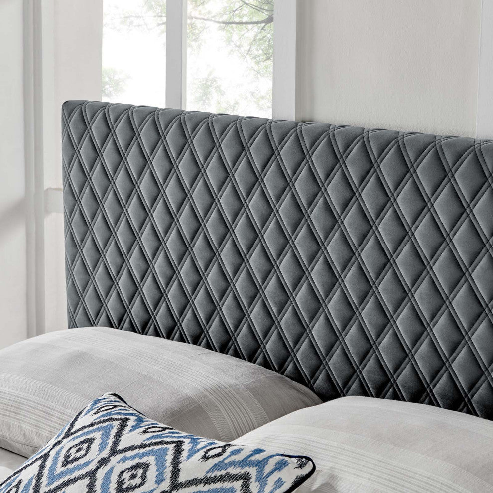 Headboard, Full Queen Size, Velvet, Dark Gray, Modern Contemporary, Bedroom