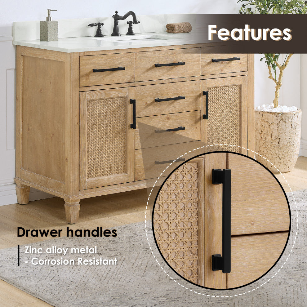 Solana Bathroom Vanity with Calacatta White Quartz Stone Countertop, Weathered Fir, 48", Without Mirror