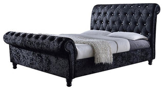 Castello Velvet Upholstered Faux Crystal-ButToned Sleigh Queen Platform Bed