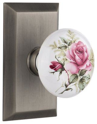 Single Studio Plate With Rose Porcelain Knob, Antique Pewter