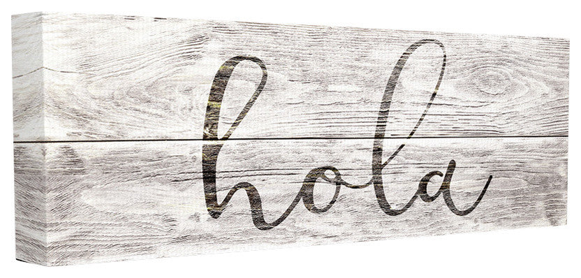 Rustic Grey and White Hola Planked Look Typography Stretched Canvas, 13"x30"