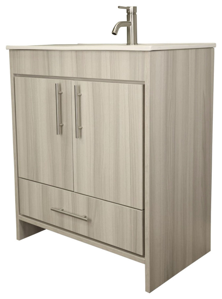 Pacific 30" Vanity With Integrated Ceramic Top and Brushed Nickel Handles, Ash G