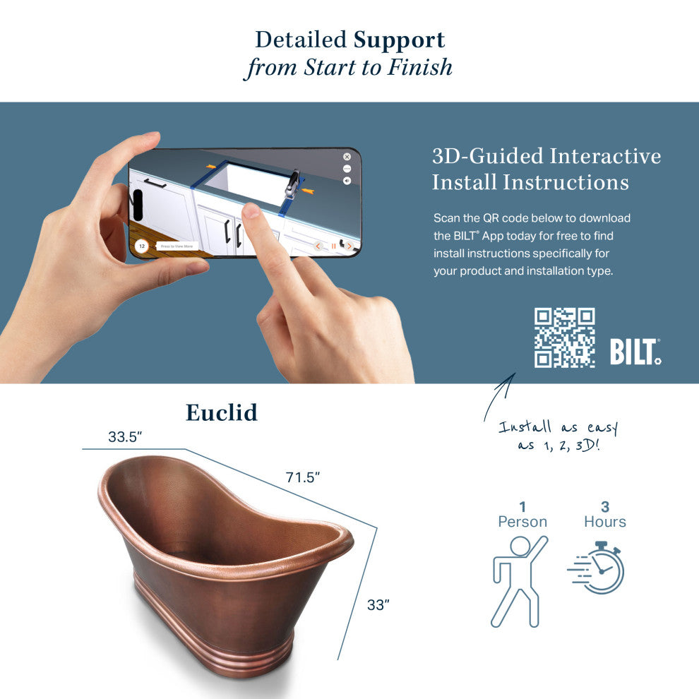 Euclid 6' Copper Freestanding Bathtub With Overflow