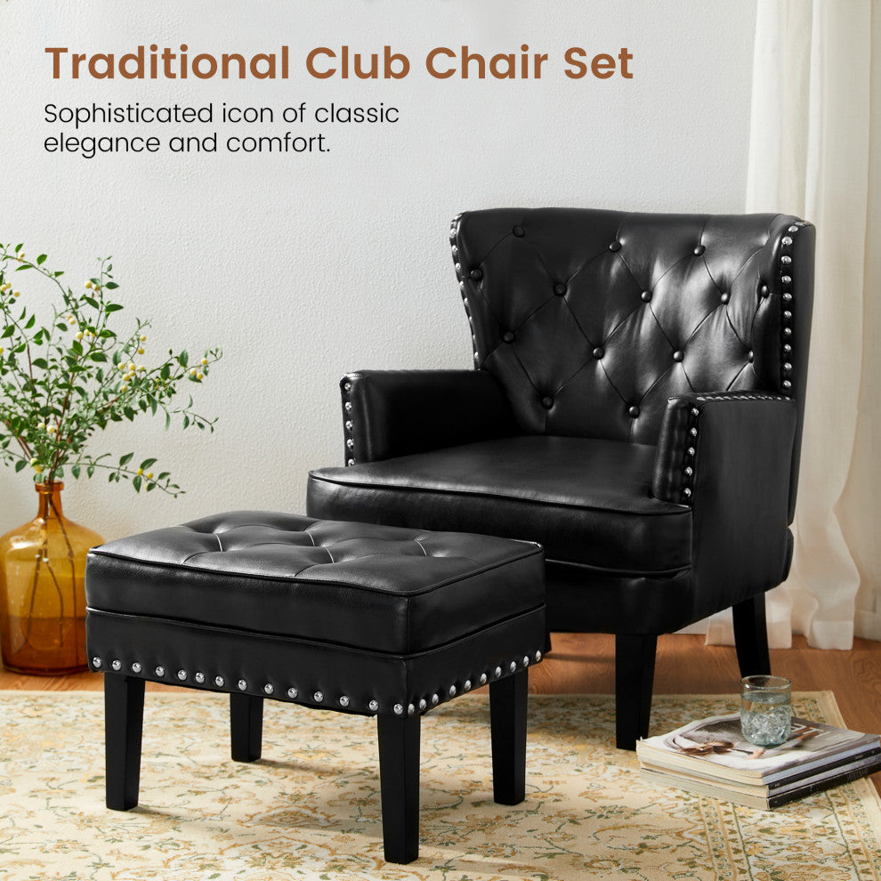 Set of 2 Accent Chair and Accent Stool, Black
