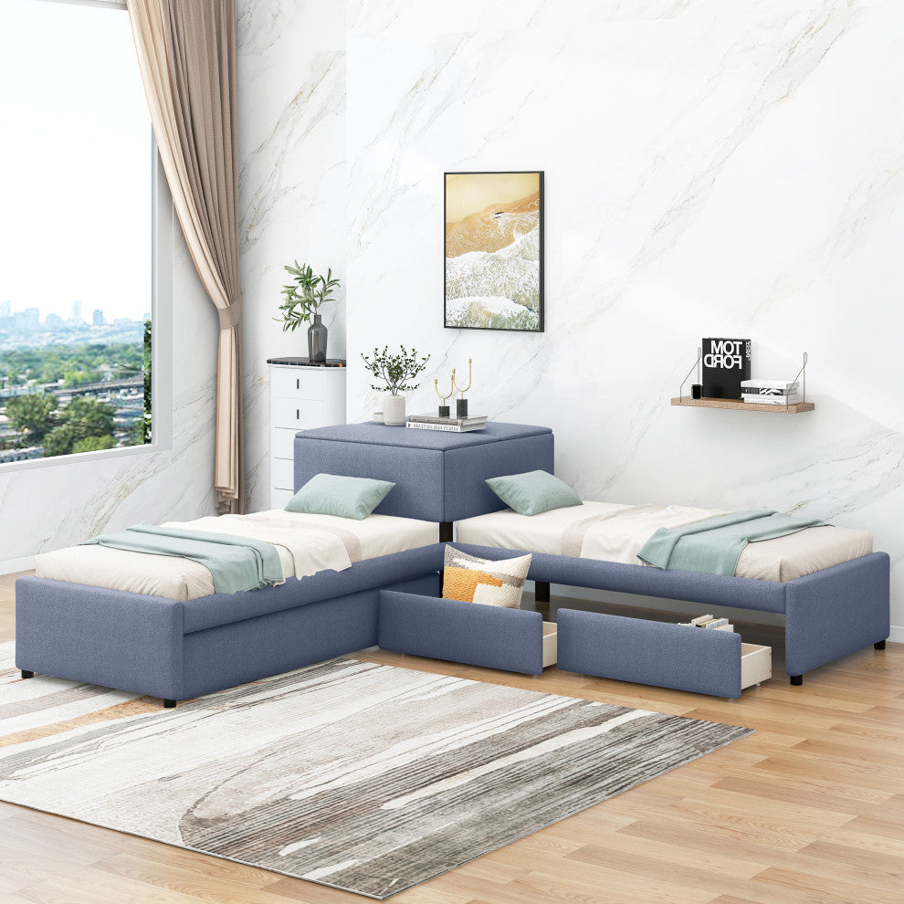 Gewnee L-shaped Platform Beds with Twin Size Trundle in Gray