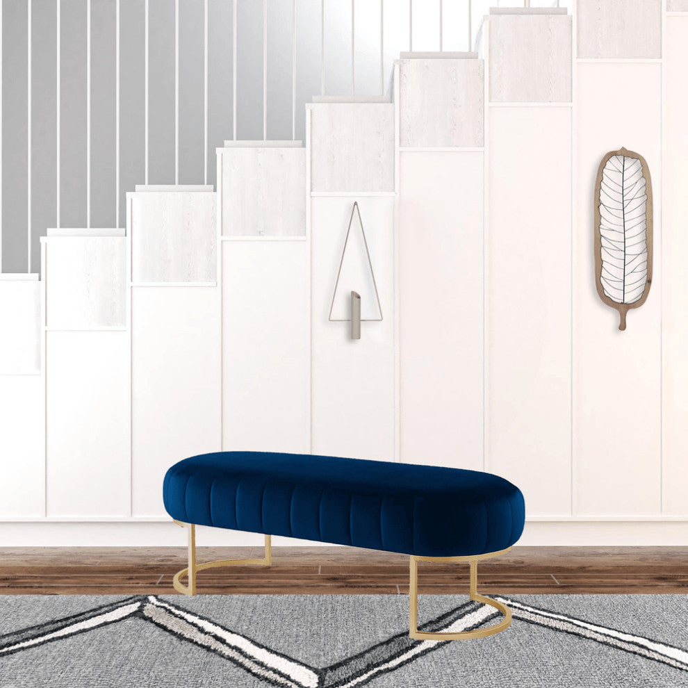 53" Navy Blue And Gold Upholstered Velvet Bench