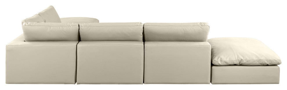 Comfy Upholstered L-Shaped Modular Sectional, Cream, 6-Piece: 3 Armless Chair, 1 Corner Chair, 2 Ottoman, Vegan Leather