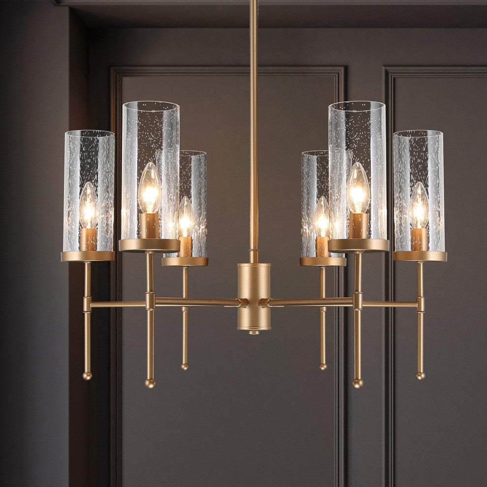 LNC 6-Light Modern Candle-Style Glass-Cylinder Chandelier, Brass
