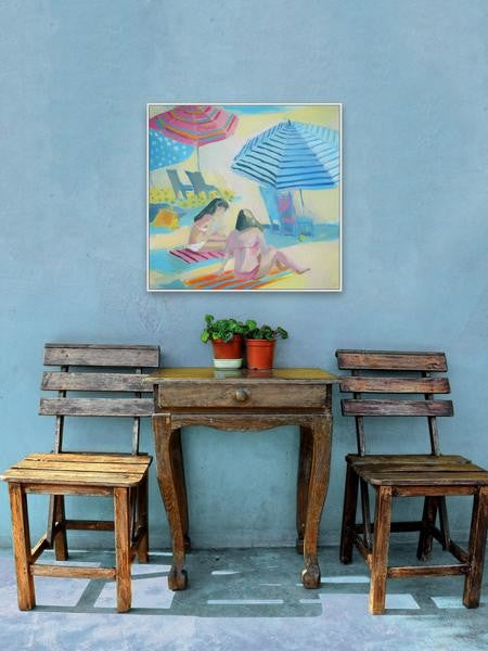 "Girls Having Fun" Floater Framed Painting Print on Canvas, 48"x48"