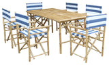 Set of Bamboo Rectangular Table, 6 Director Chair, Navy and White Stripes