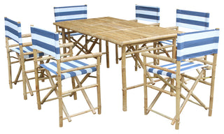 Set of Bamboo Rectangular Table, 6 Director Chair, Navy and White Stripes