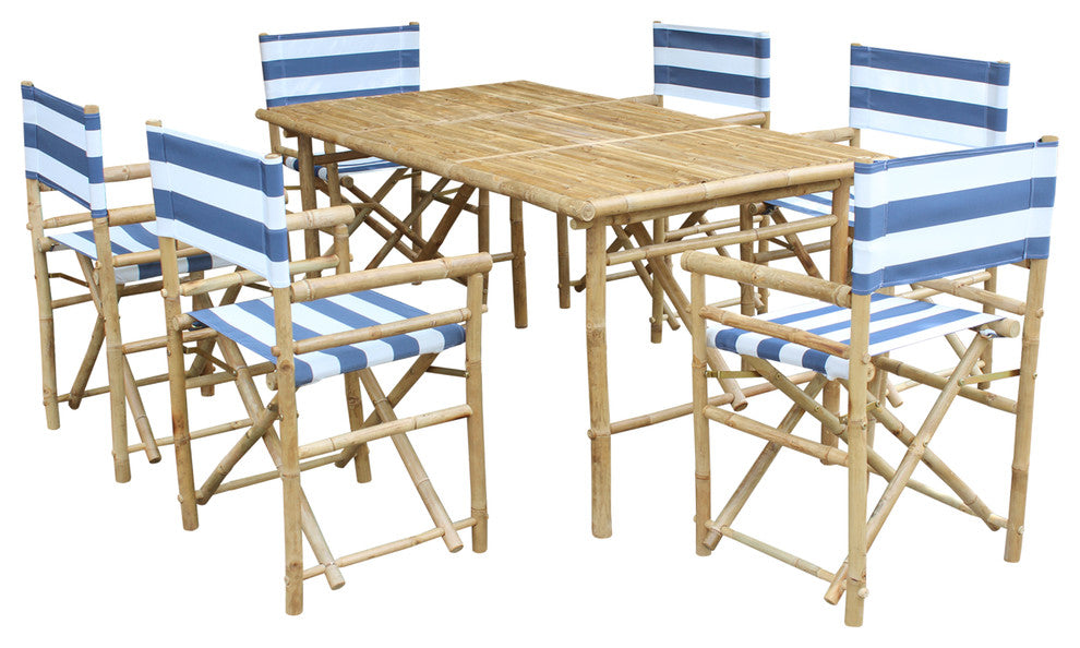 Set of Bamboo Rectangular Table, 6 Director Chair, Navy and White Stripes