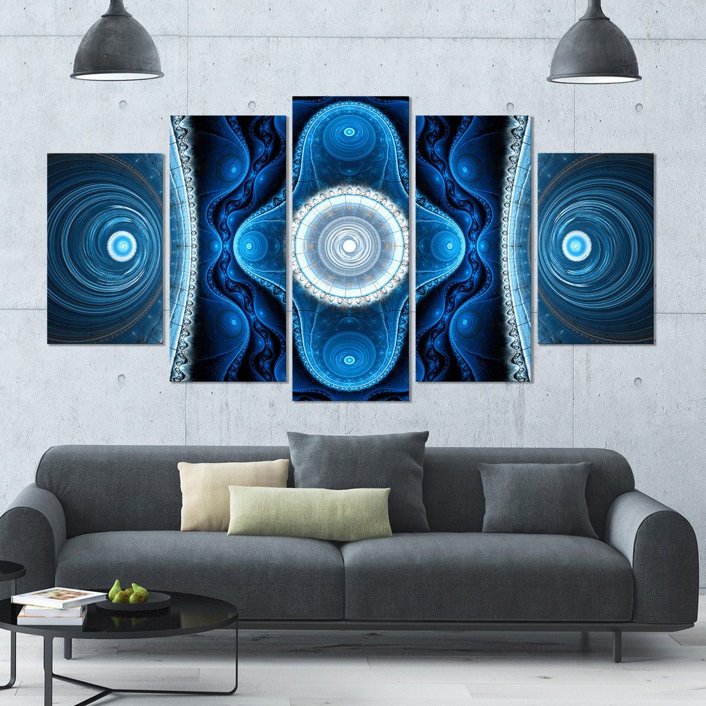 Cabalistic Blue Fractal Design, Contemporary Canvas Art Print, 60"x32", 5 Panels