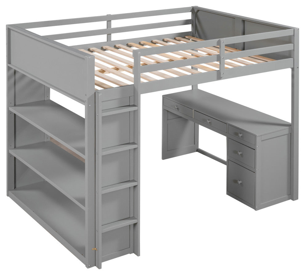 Gewnee Full Size Wood Loft Bed with Ladder,Shelves and Desk in Gray