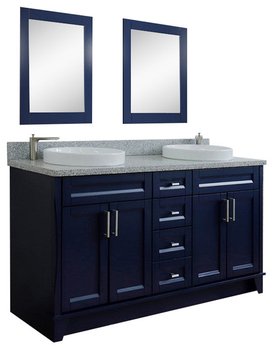61" Double Sink Vanity, Blue Finish And Gray Granite And Round Sink