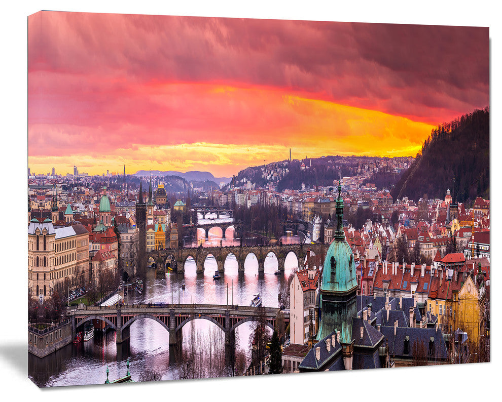 Bridges in Prague Panorama, Landscape Canvas Art Print, 20"x12"