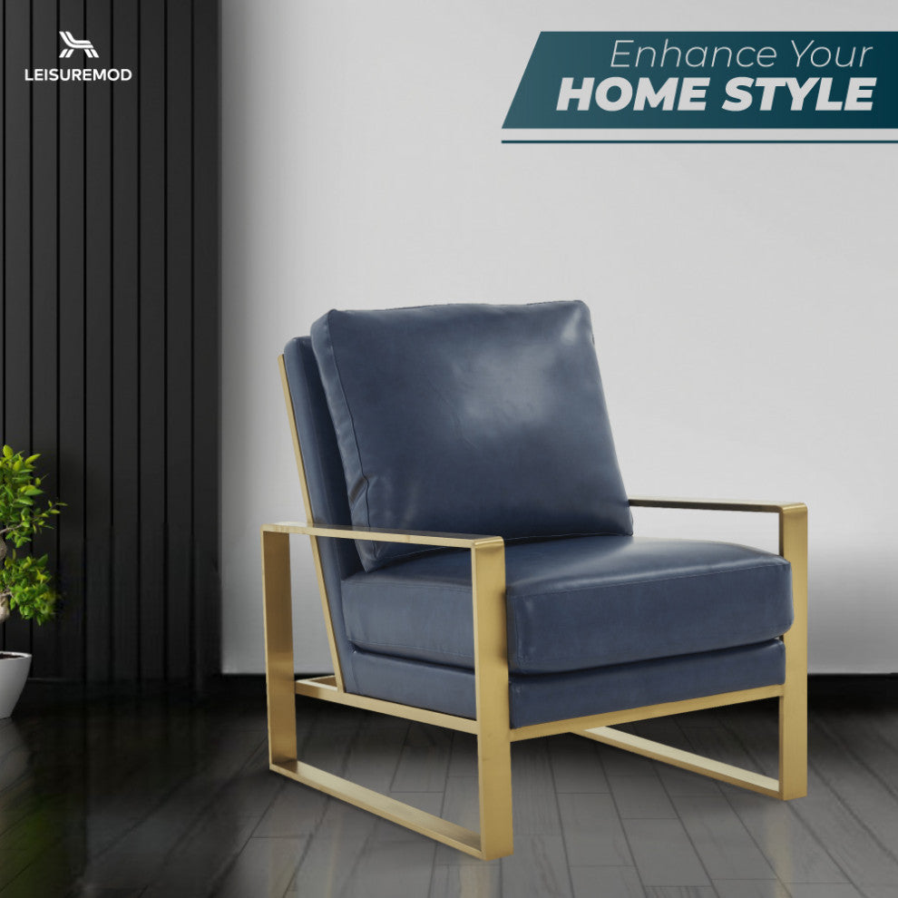 LeisureMod Jefferson Faux Leather Accent Armchair With Gold Frame, Navy Blue