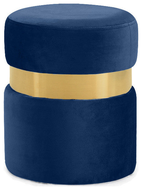 Hailey Velvet Upholstered Ottoman/Stool, Navy, Gold Band