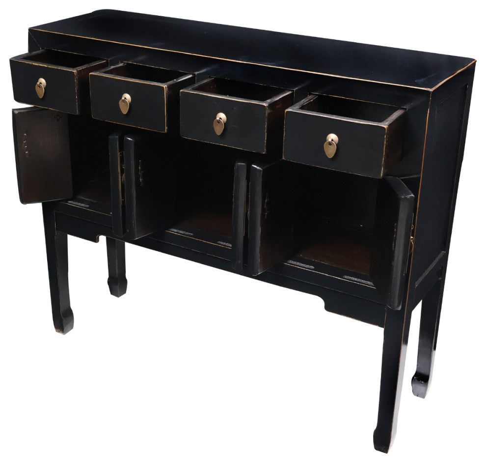 Chinese Console Lacquer Lady Chest, Black With Gold Highlight