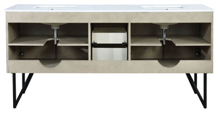 Lancy 72" Rustic Acacia DB Vanity, White Quartz Top, Square Sinks, 70" Mirror