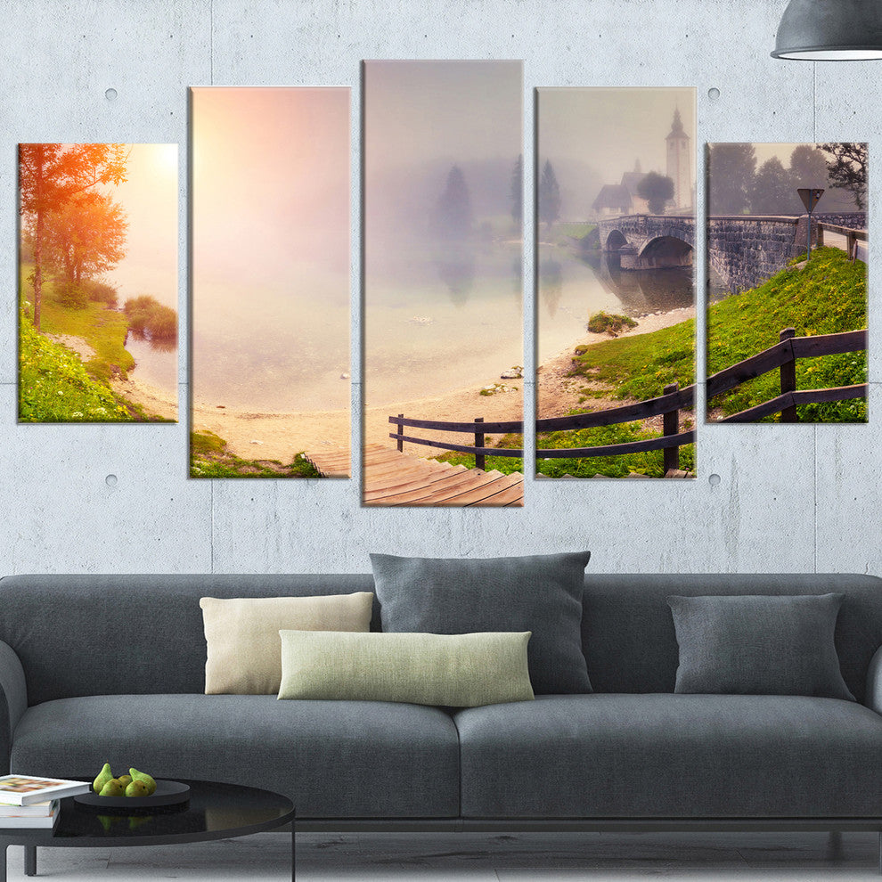 "Majestic Foggy Morning in Lake" Landscape Wall Art, 5 Panels, 60"x32"