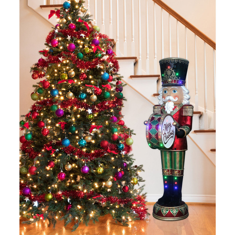 6' Nutcracker Playing Bass Drum With Moving Hands, Music, Timer, 32 LED Lights